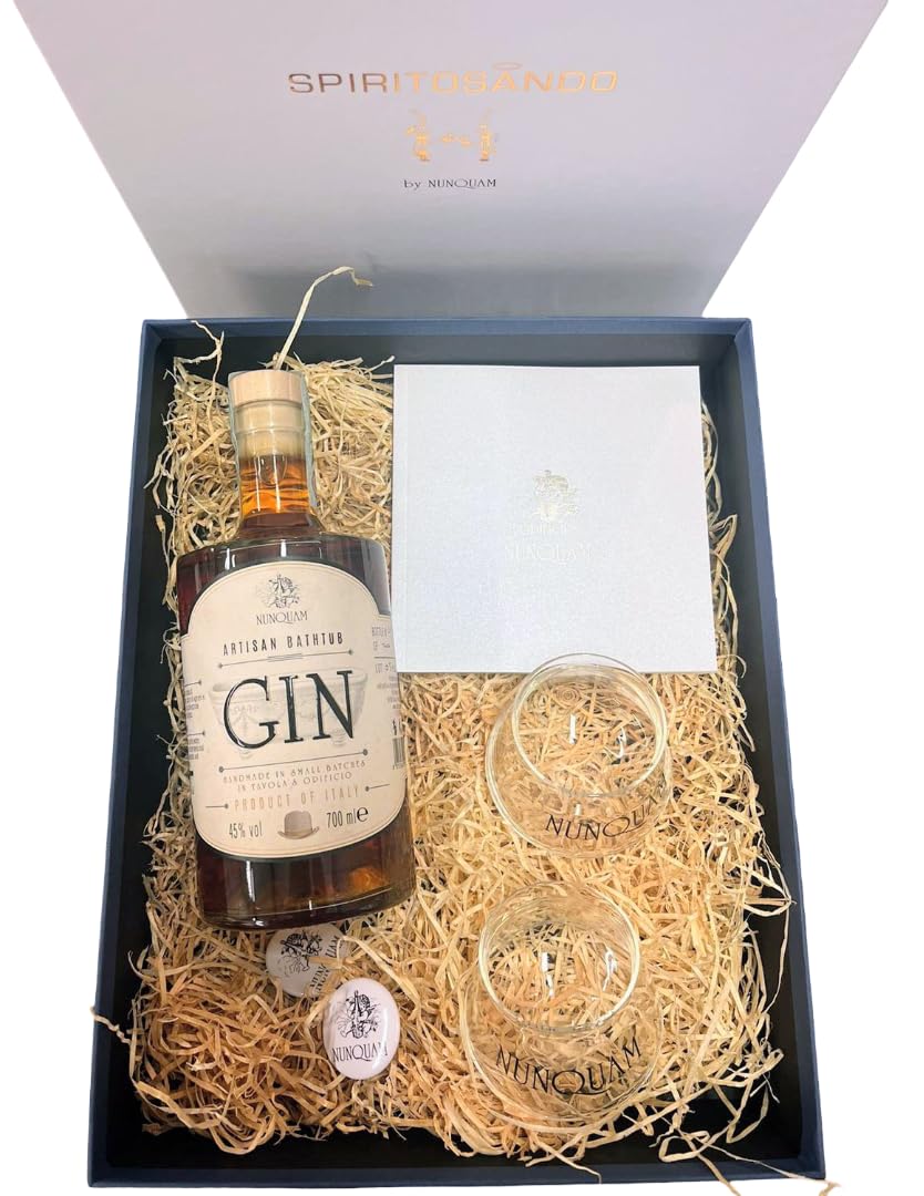 Confezione regalo "Gin Bathtub" Opificio Nunquam. Elegante scatola serigrafata con una bottiglia di Gin artigianale Bathtub da 700 Ml. e due bicchieri in vetro da degustazione