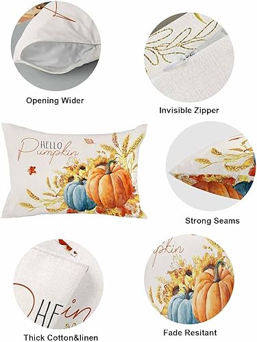 Miniatura 4 de Juego de 2 fundas de almohada de otoño de 20 x 12 pulgadas, diseño de calabaza con texto en inglés "Hello Pumpkin", fundas de cojín decorativas para