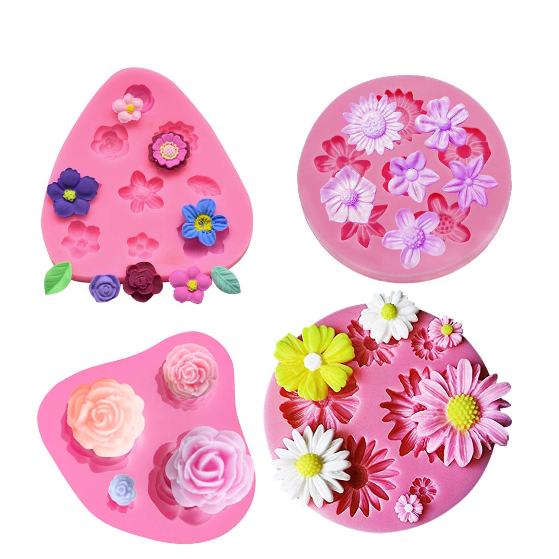 FineInno シリコン モールド 花形 バラ形 さくら形 ひまわり形 24種類 石鹸 キャンドル 粘土 レジン 再利用可能 DIY 手作り 4セット (花形)