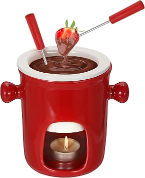 BSTKEY 280ML Ceramic Butter Warmer Set with 2 Forks, Fondue Pot Melting Pot Set, Melt Hot Pot Bowl Set for Cheese Chocolate Butter Caramel Red