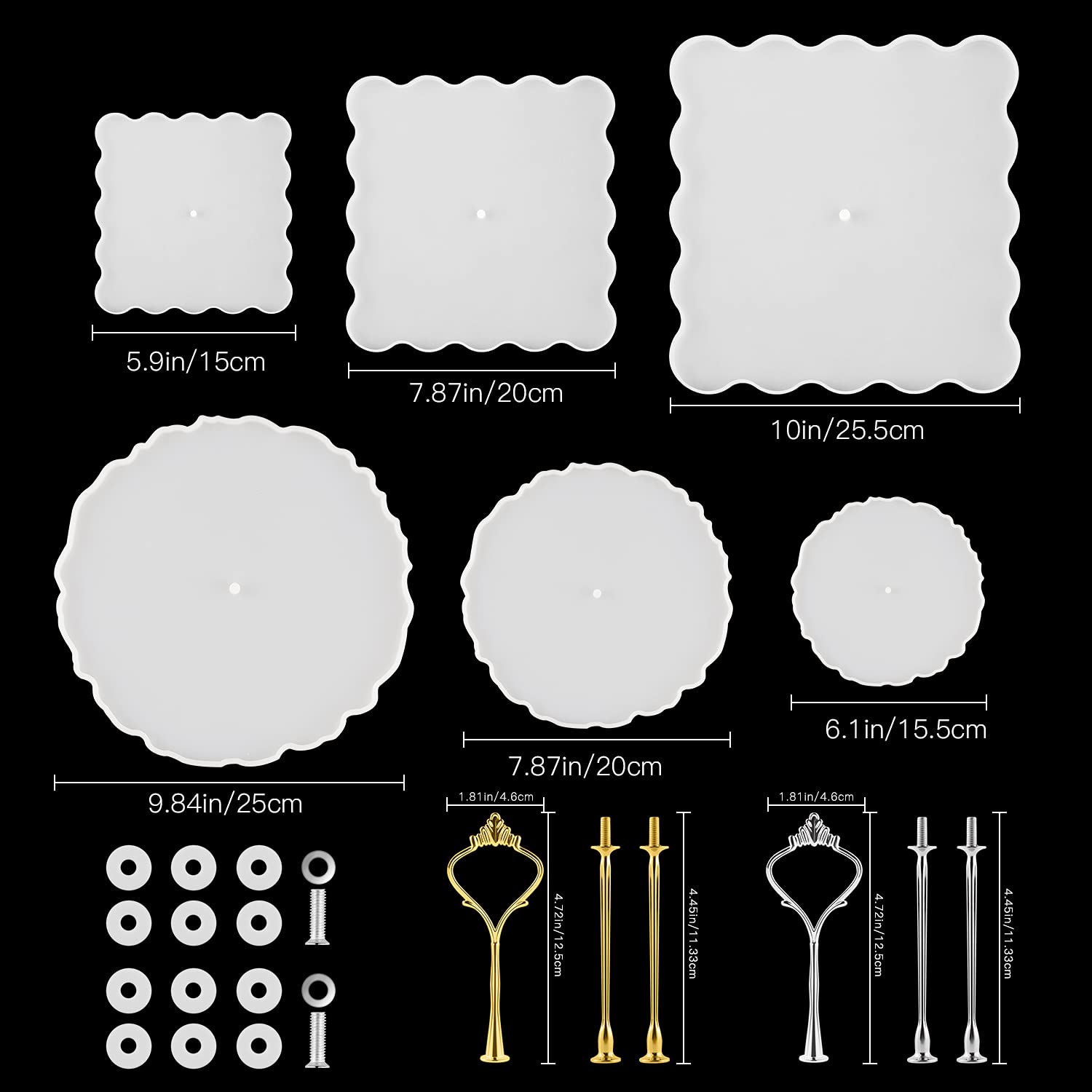 Paquete de 2 soportes para pasteles de 3 niveles, molde de silicona para pasteles con 6 soportes de corona y 10 láminas doradas, molde de fundición de resina para hacer platos de postre, soporte para 2
