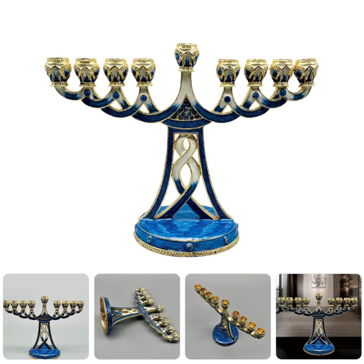 GALPADA Candeliere Hanukkah in Metallo Blu a 9 Braccia, Design Vintage Delicato e Multifunzionale, Stabile, per Cerimonie Religiose e Camere da Letto