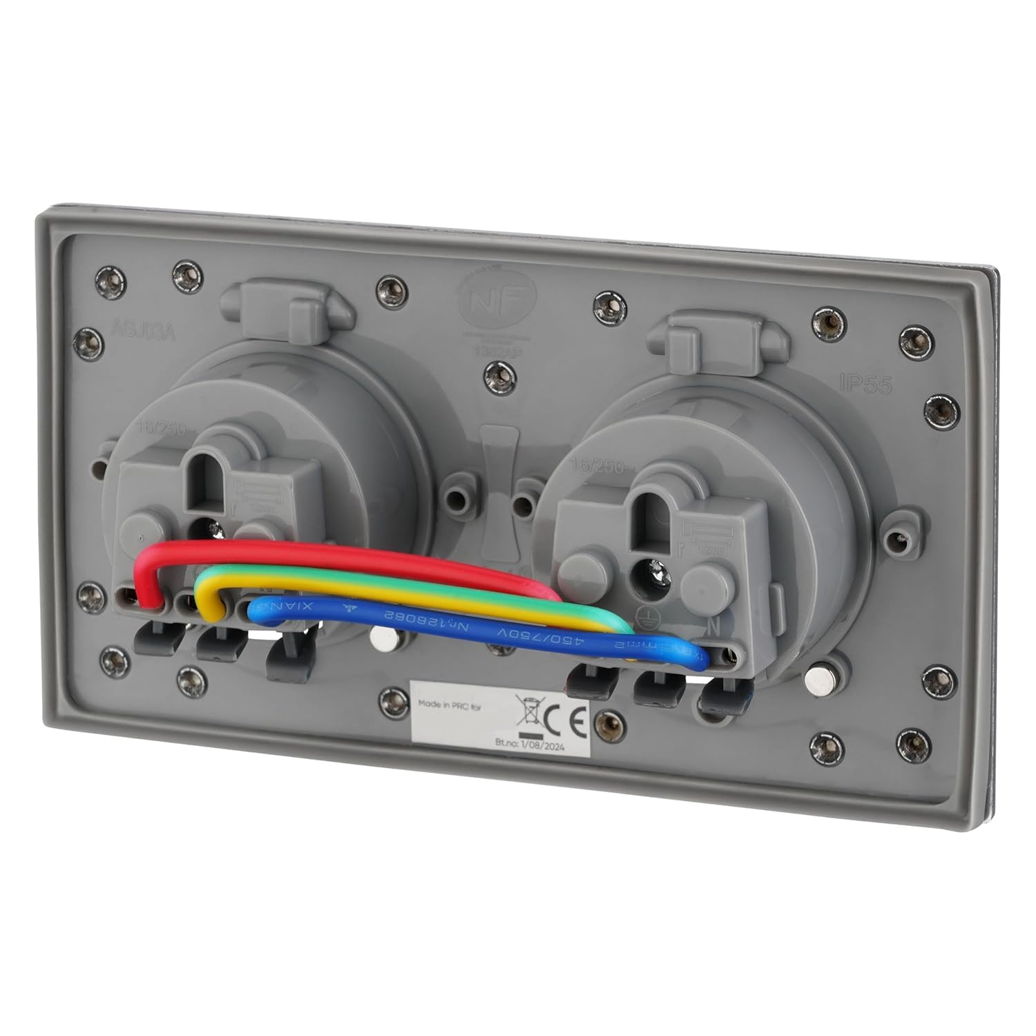 Metall Doppel Einbausteckdose, Bodensteckdose IP55, Klappdeckel, Steckklemme, Typ E Französisch