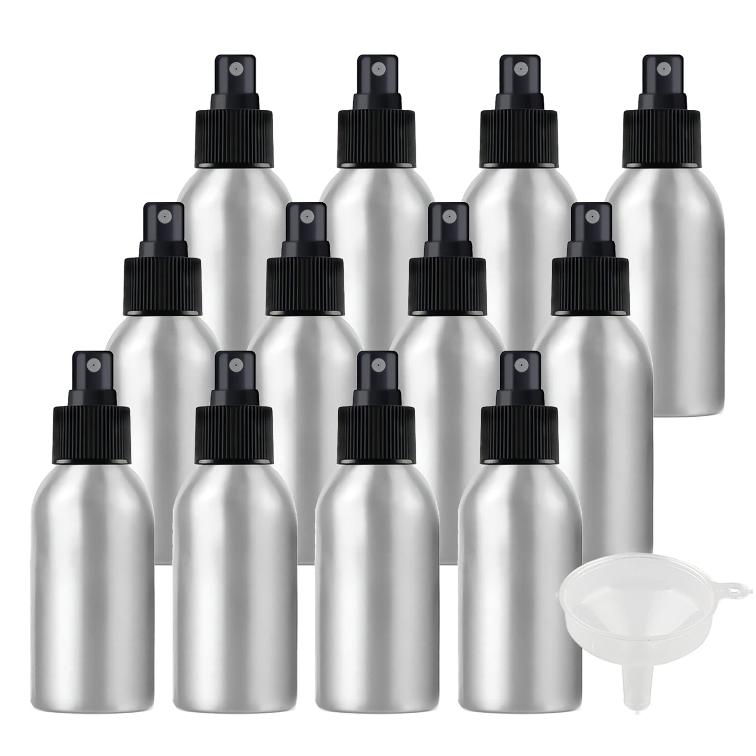 24 Pièces Portable Vide 100 ml Pulvérisateur en Aluminium Flacon Bouteille Vaporisateur avec Pompe Noire pour l'eau l'alcool Parfum Cosmétique Voyage Rechargeable, Entonnoir