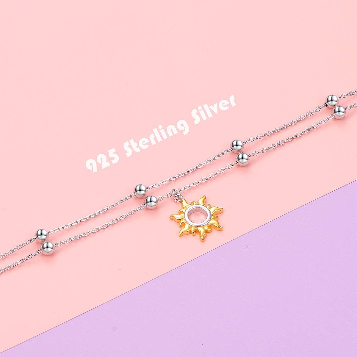FLYOW Sun/Star and Moon Layered Anklet 925 Sterling Silver for Women Adjustable Beads Ankle Bracelet Boho Beach Foot Chain Charm Jewelry Christmas Birthday Gifts - Image 4