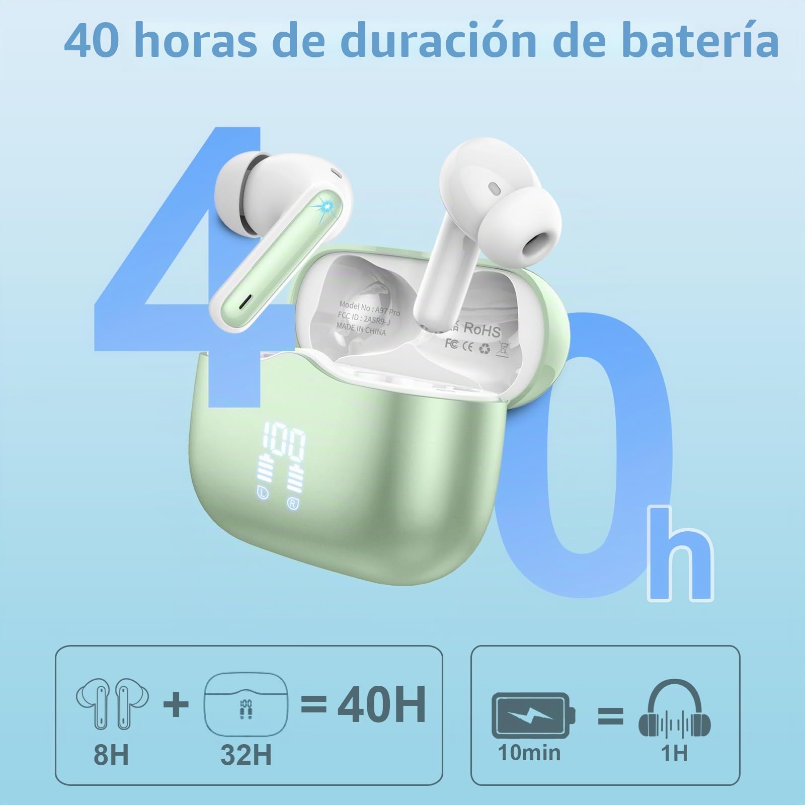 xinwld Auriculares Inalambricos, Auriculares Bluetooth 5.3 In Ear con 4 ENC Mic, Pantalla LED Doble Cascos Inalambricos HiFi Estéreo, In-Ear Earbuds Deportivos IP7 Impermeable, 40H, USB-C, Verde