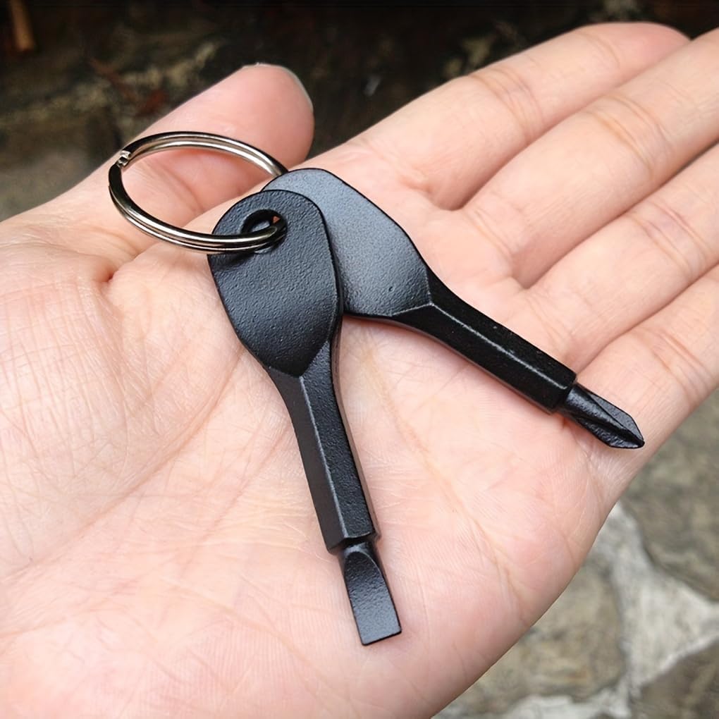 2PCS Multi-Functional Mini Pocket Screwdriver Set, Steel Phillips Slotted Head, Portable Key Ring Repair Tool for Outdoor Camping Accessories EDC Gear（Black）