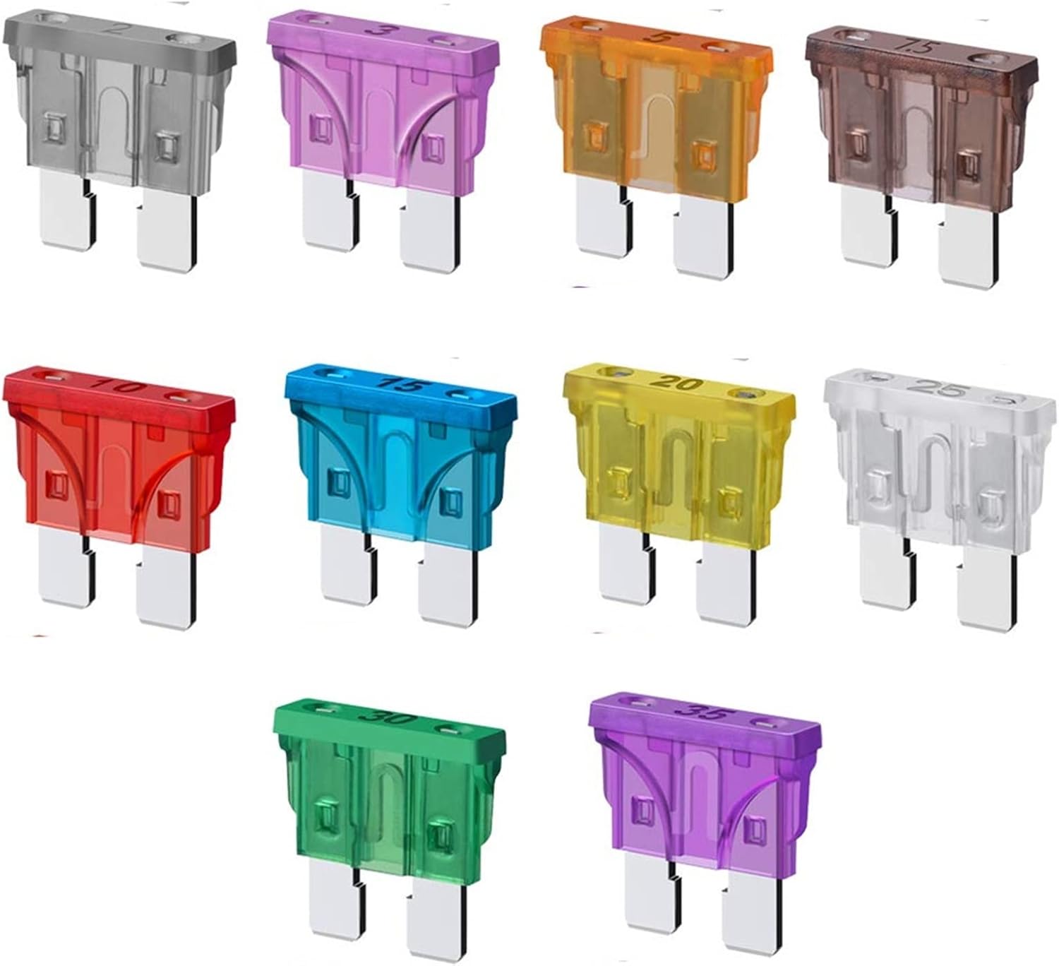 Fuse 100Pcs Assorted Standard Blade Fuse Kit 2A 3A 5A 7.5A 10A 15A 20A 25A 30A 35A