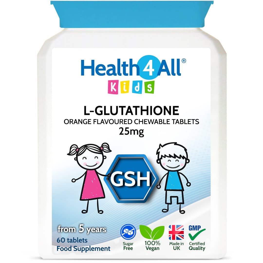 Health4All Kids L-Glutathione 25mg 60 Chewable Tablets, Reduced Glutathione (GSH) Antioxidant and Detox Support Supplement for Children 5+, Natural Vegan Orange Flavour, Sugar-Free | Made in UK