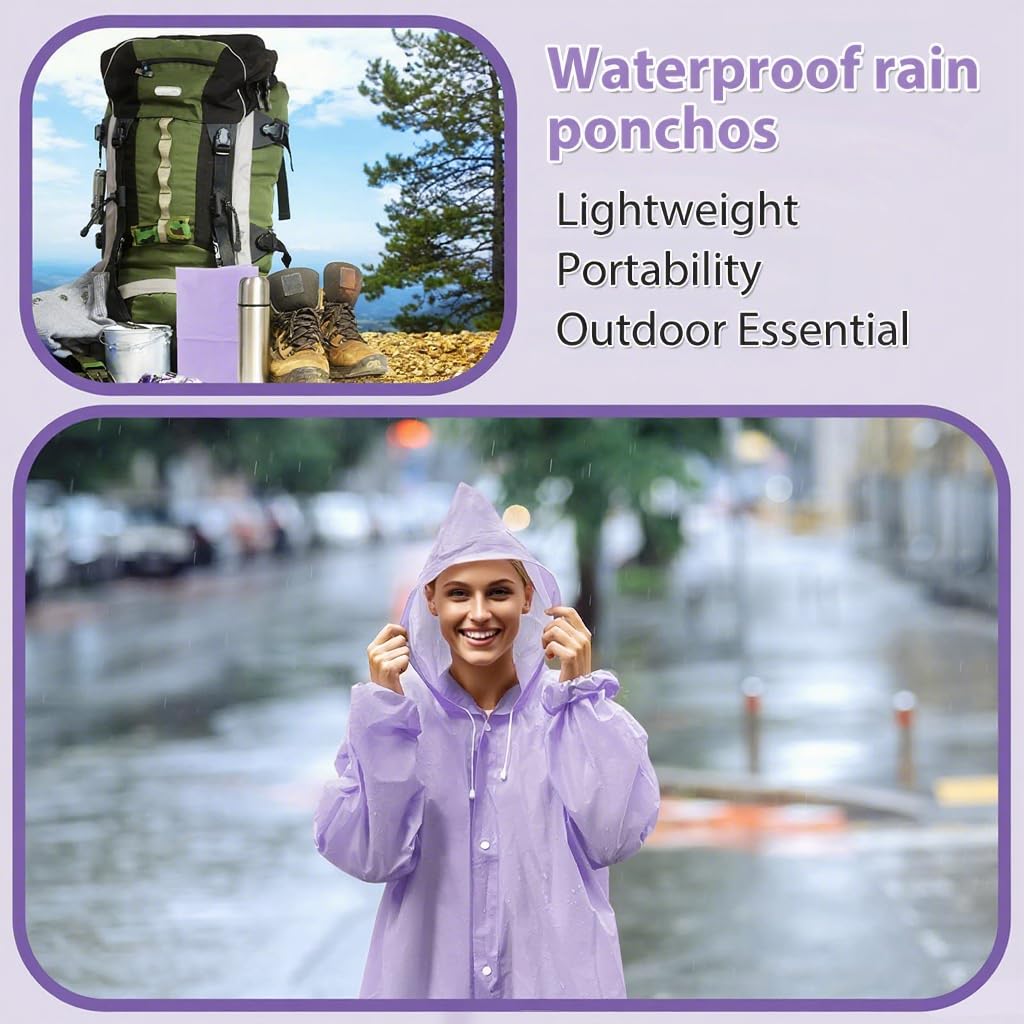 PALAY EVA Rain Poncho, Reusable Hooded Waterproof Cover, Pack of 2, Purple 3