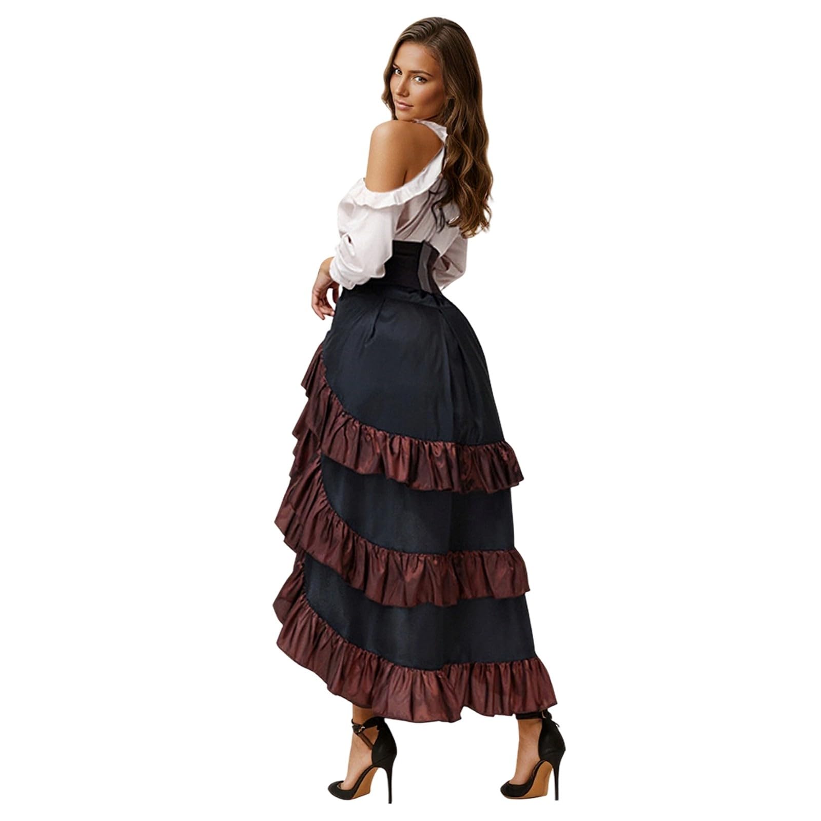 Piratenkostüm Damen Rock Mittelalter Kleid Rüschen Vorne Kurz und Hinten Lang Wikinger Kostüm Lange Ärmel Vintage Steampunk Gothic Röcke Faschingskostüm für Oktoberfest Halloween Karneval Cosplay