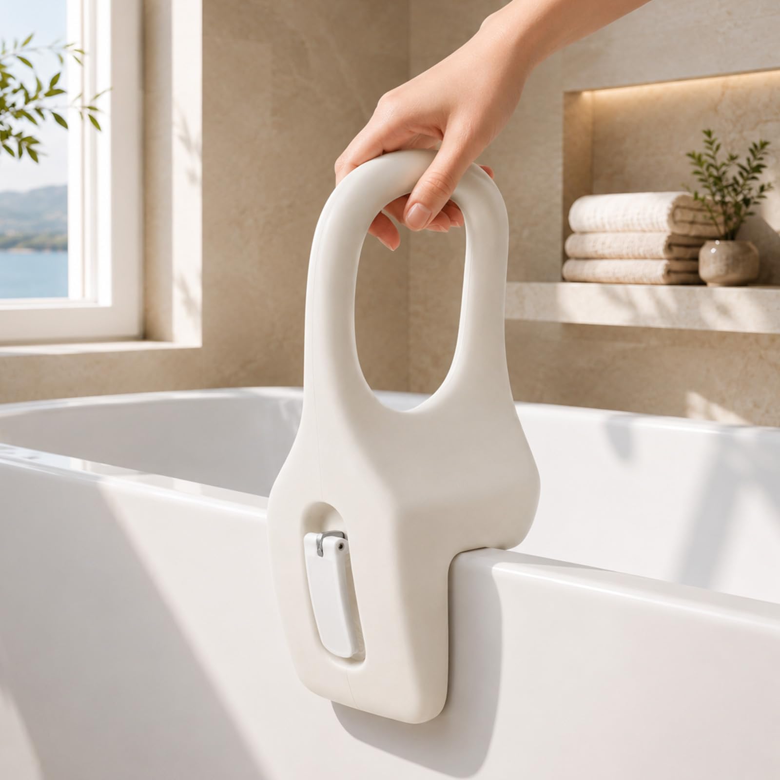 Asidero para bañera para personas mayores, mango de bañera sin necesidad de taladrar, ancho ajustable 7 ~ 16 cm, material soplado de polietileno, asidero para baño, color blanco, ayuda para entrar y