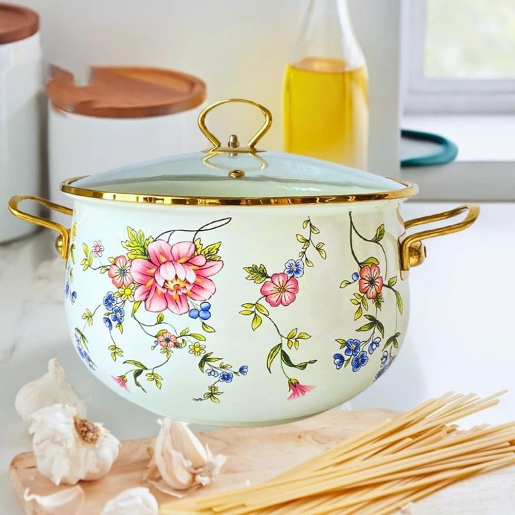 Enamel Simmer Pot with Glass Lid, Nonstick Saucepan Pot with Handle, Vintage Floral Stainless Steel Stockpot Cooking Pots for Induction Cookers and Stove,6 Quarts
