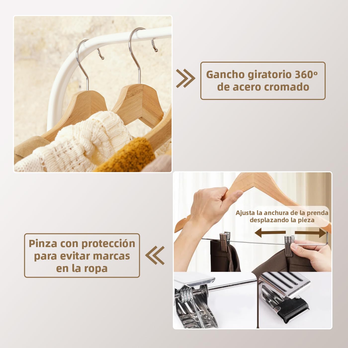 ACCRUX- Perchas de Madera con Pinzas de Metal, Madera Natural con Muescas Antideslizantes para Camisas, Trajes, Pantalones. Diseño Elegante y Ergonómico con Gancho de Acero Giratorio. (6 Unidades)