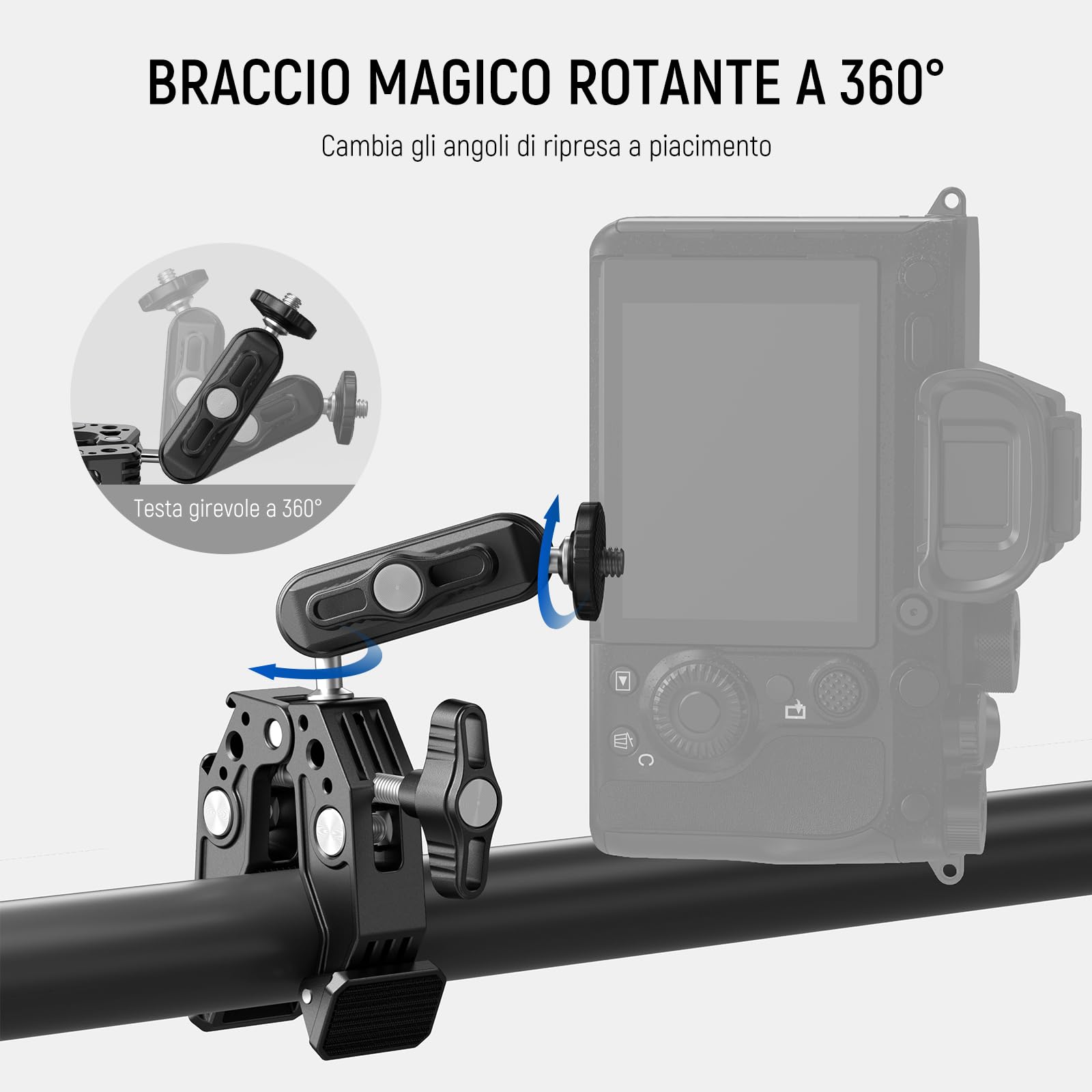 NEEWER Super Clamp con 3" Magic Arm a Doppia Testa Sferica, Cold Shoe, Filetto 1/4", Adattatore Telefono/Action Camera per Treppiede Tavolo Barra Aste Gimbal, Compatibili con SmallRig GoPro DJI, ST83