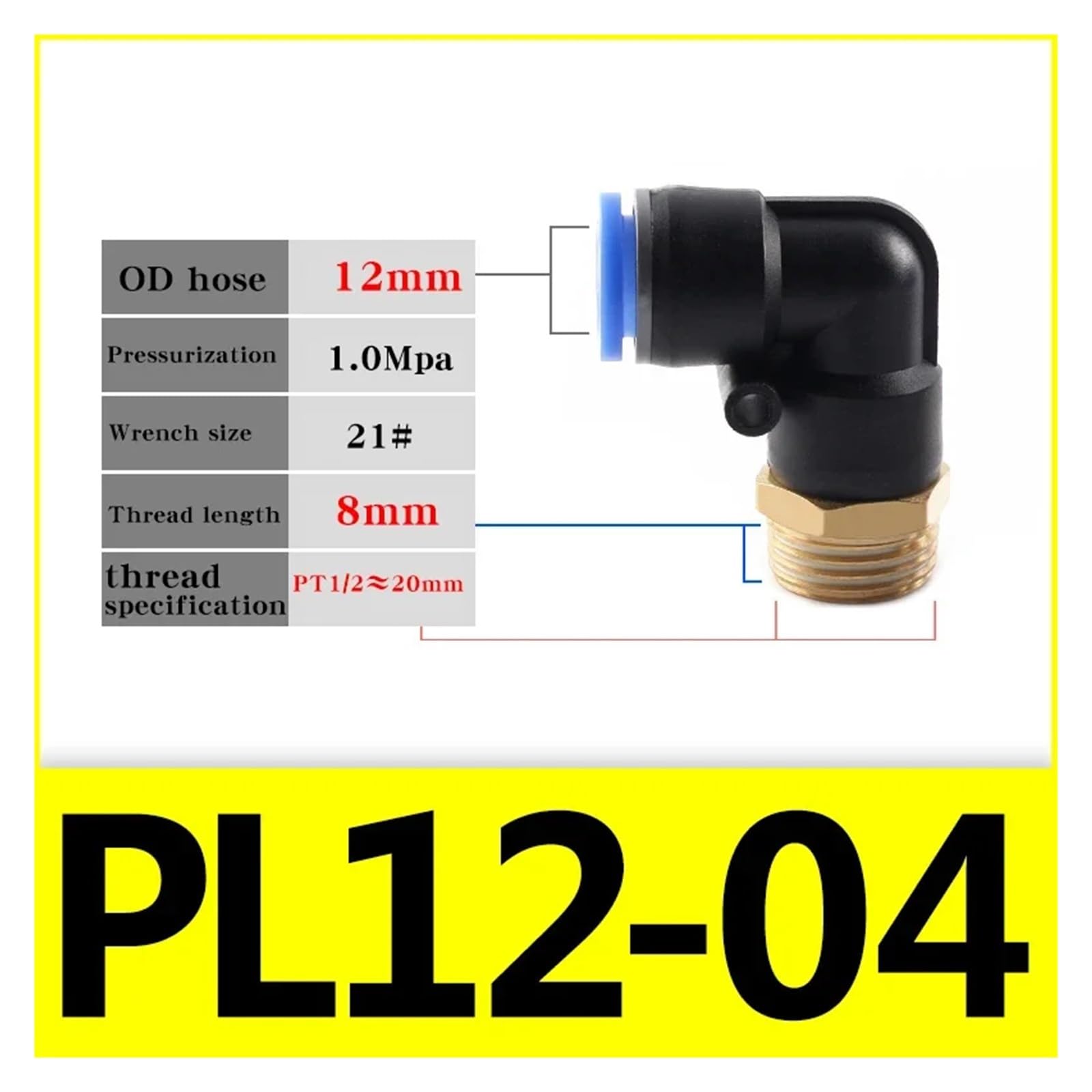 Raccordo Pneumatico a Gomito Filettatura Maschio 1/4 3/8 1/2 1/8 Connettore a L Connettore a innesto 4 mm 6 mm 8 mm 10/12 mm(PL12-04,100 PCS)