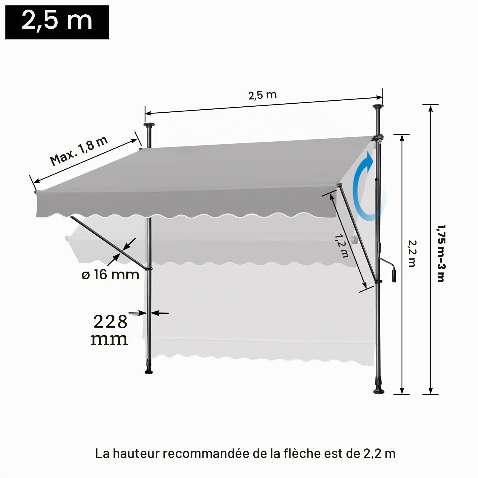 LZQ Store de Balcon rétractable Manuel, manivelle réglable, résistant aux UV, sans perçage, 100% Polyester (250 x 120 cm, Gris)