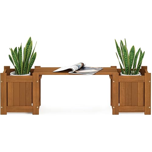 Furinno Tioman Hardwood Mini Outdoor Planter Box with Bench for Garden Plant