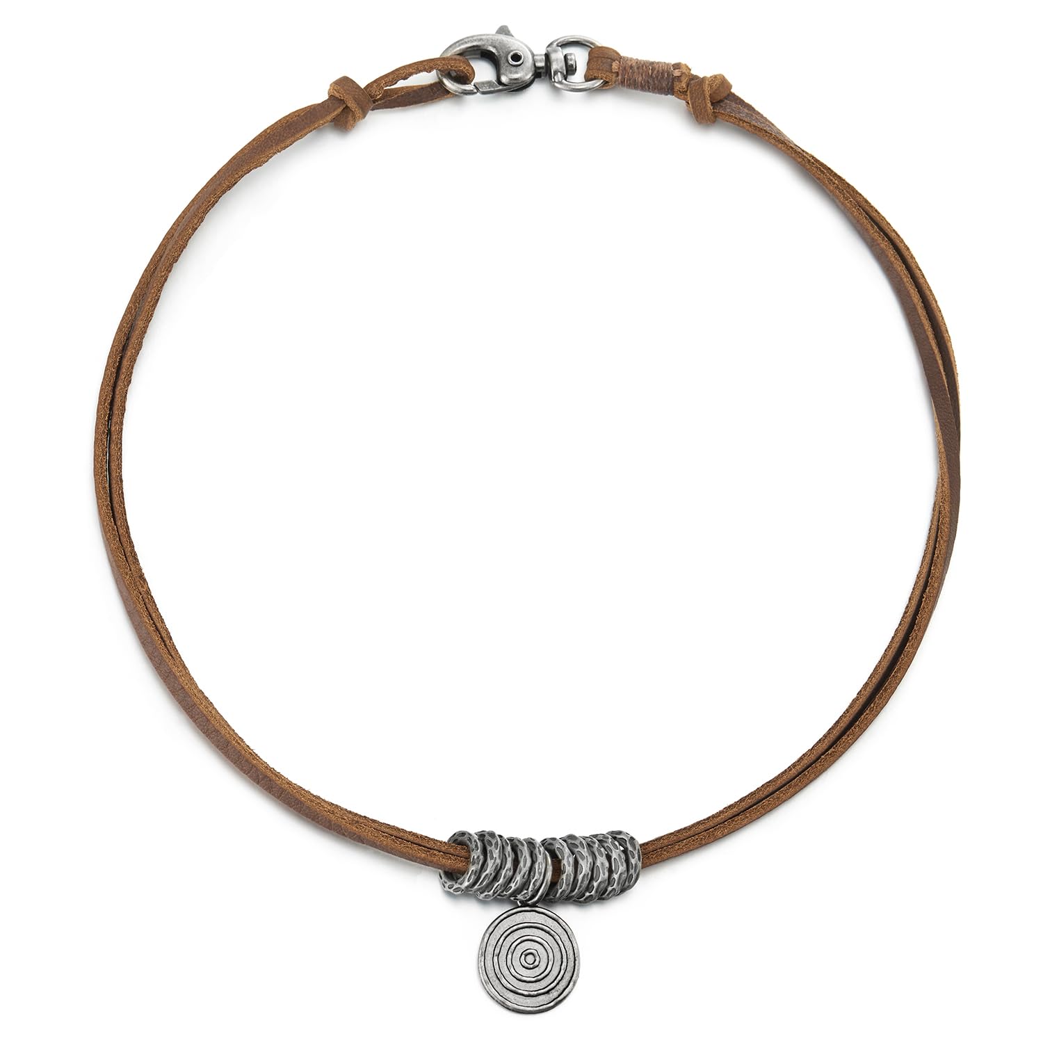 COOLSTEELANDBEYOND Remolin Círculo Colgantes Colgante Cuero Collar para Hombre Mujer, Vintage, Cordón de Marrón Cuero