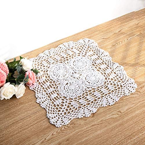 Eiyye 2 Pcs Handmade Placemats Square Crochet Cotton Lace Table Doilies 15.7 inch (White)