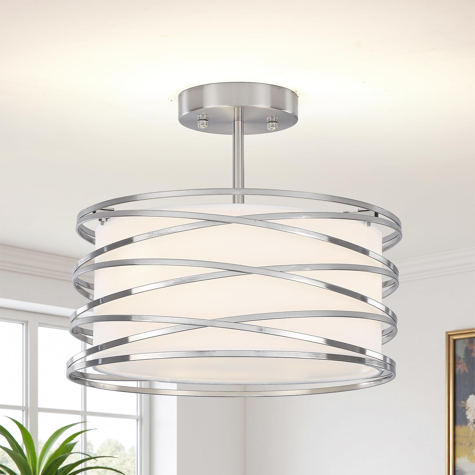 3-Light Semi Flush Ceiling Light for Living Room, Modern Drum Light Fixture