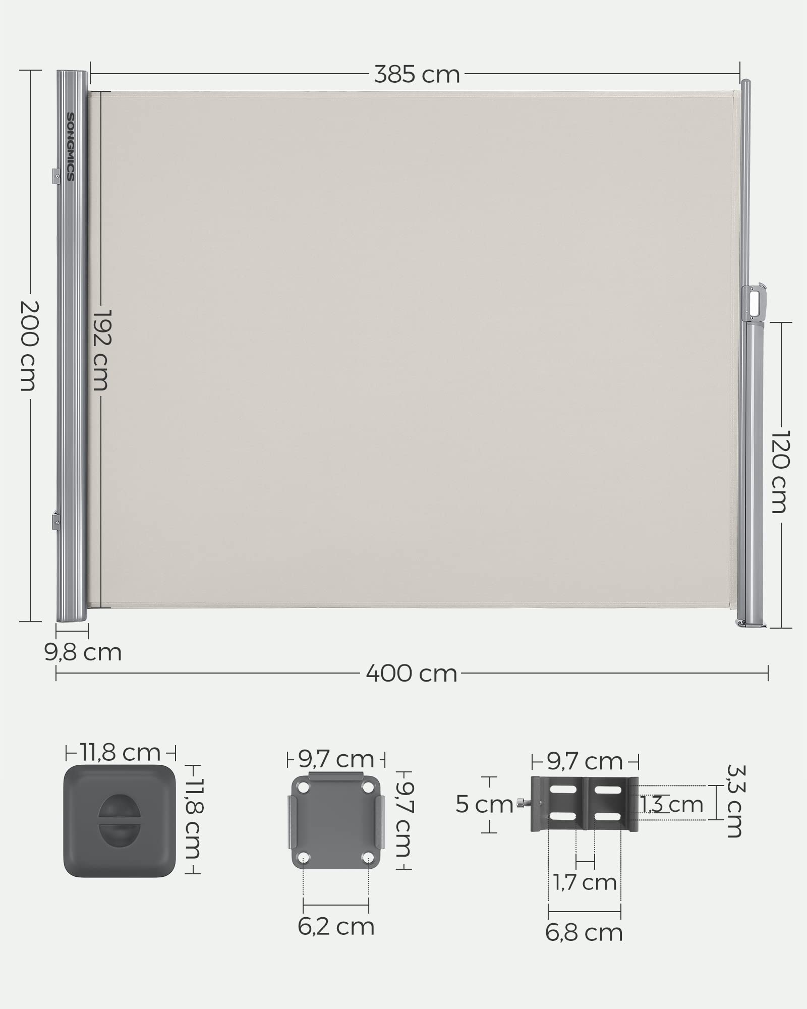 SONGMICS GSA204E01 - Estor Lateral de Aluminio Extensible 200 x 400 cm, protección Solar, Opaca, para balcón, terraza, jardín, Color Beige