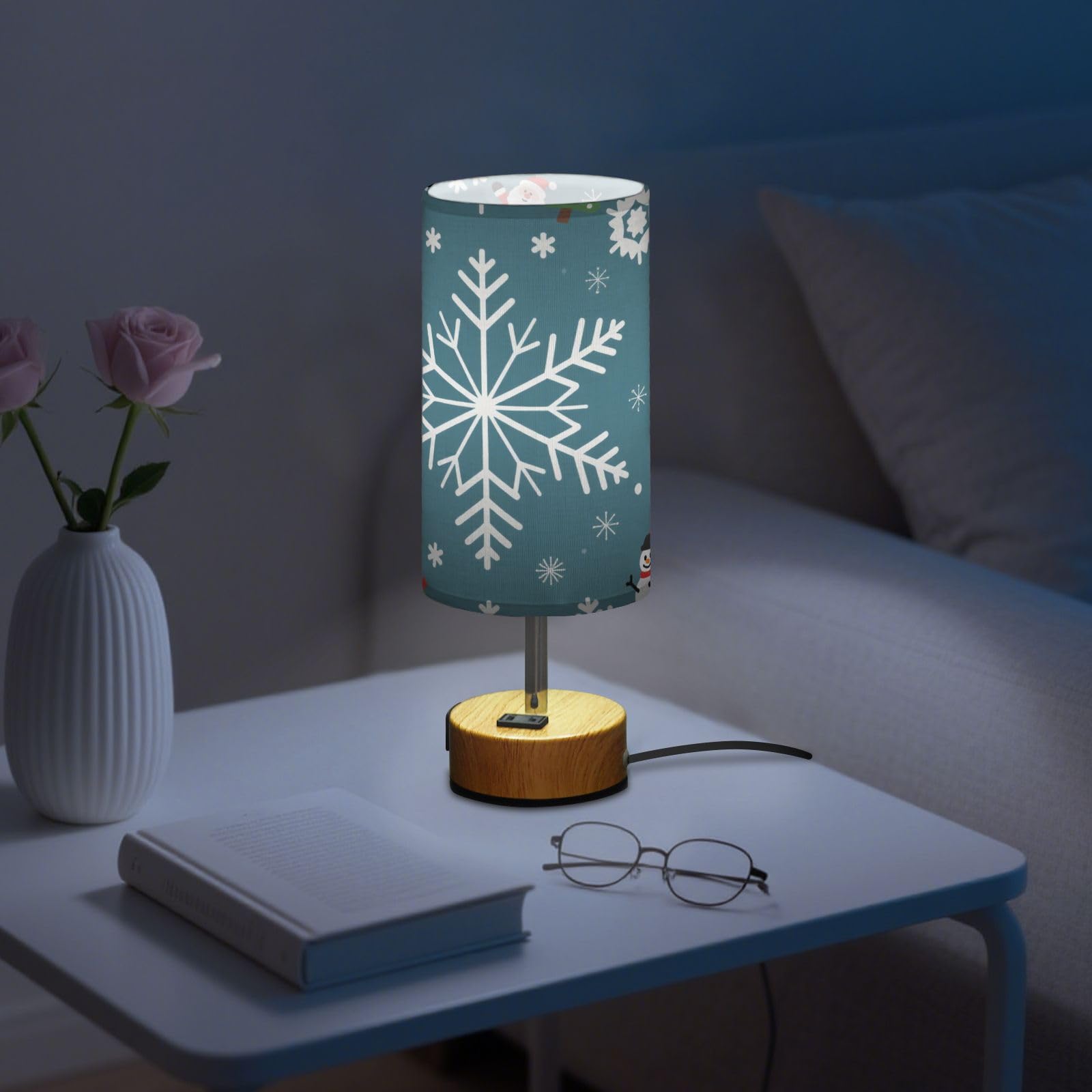 Moda Wesołych Świąt płatek śniegu niebieska lampa stołowa sterowanie dotykowe 3-kierunkowe ściemniane lampki nocne z portami USB C+A 3 temperatury barwowe do akademika