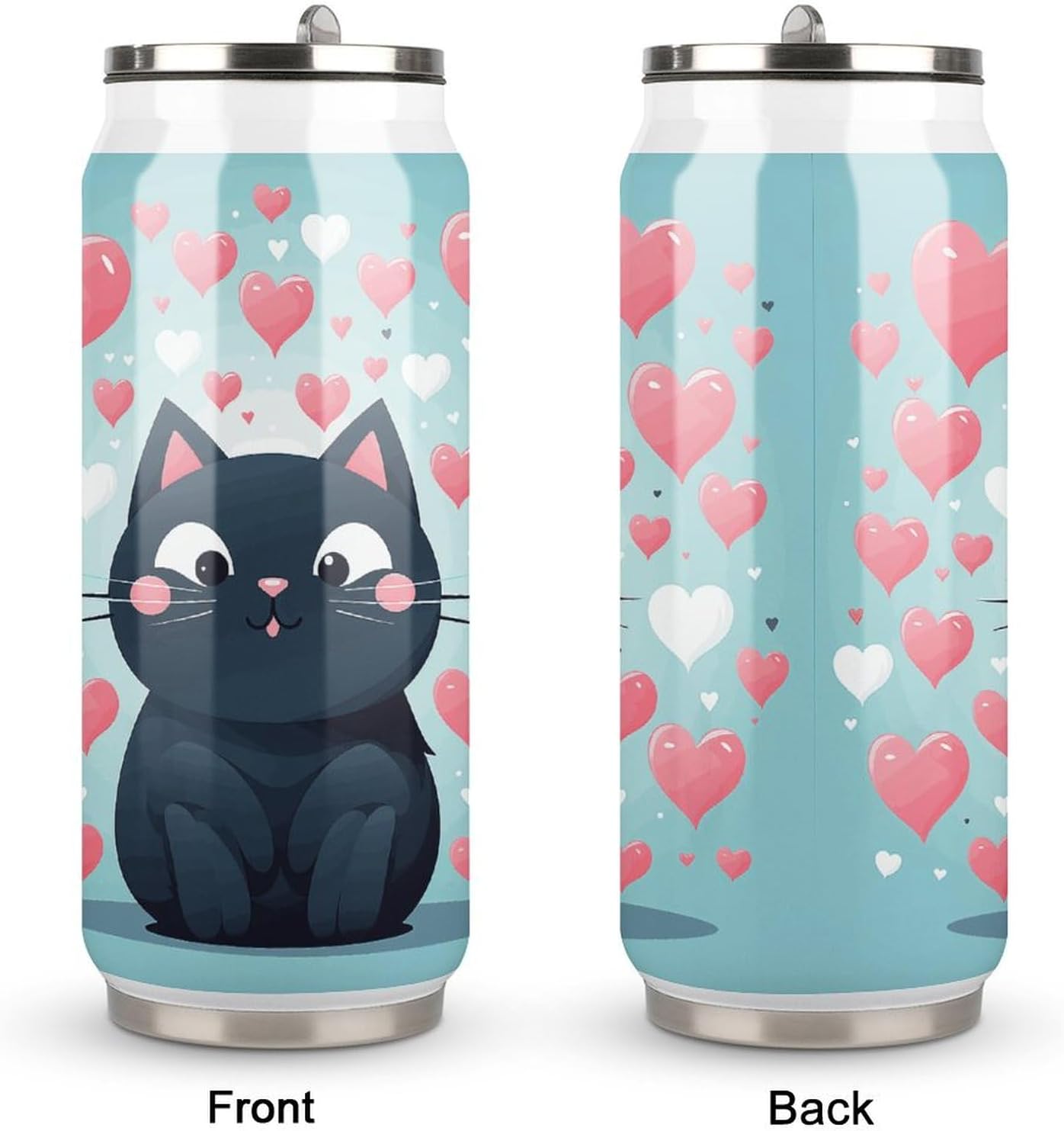 Stainless Steel Cups Cute Heart Cat Printed Coke Cup Stainless Steel Insulated Cups with Lid And Straw