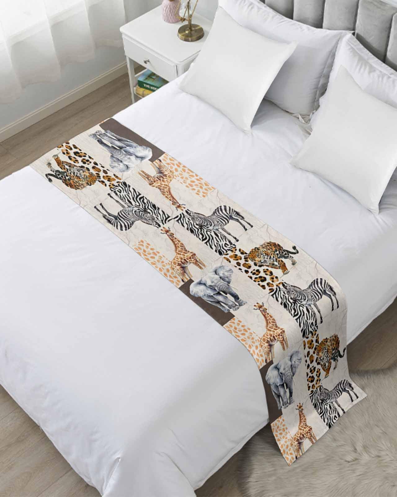 DecorLovee Modern Animals Bed Runners for Queen Size Bed, Decorative Bed Throws for Foot of Bed, Vintage Giraffe Zebra Elephant Leopard Bed Runner Sofa Throw Bedding Scarf Protector for Bedroom