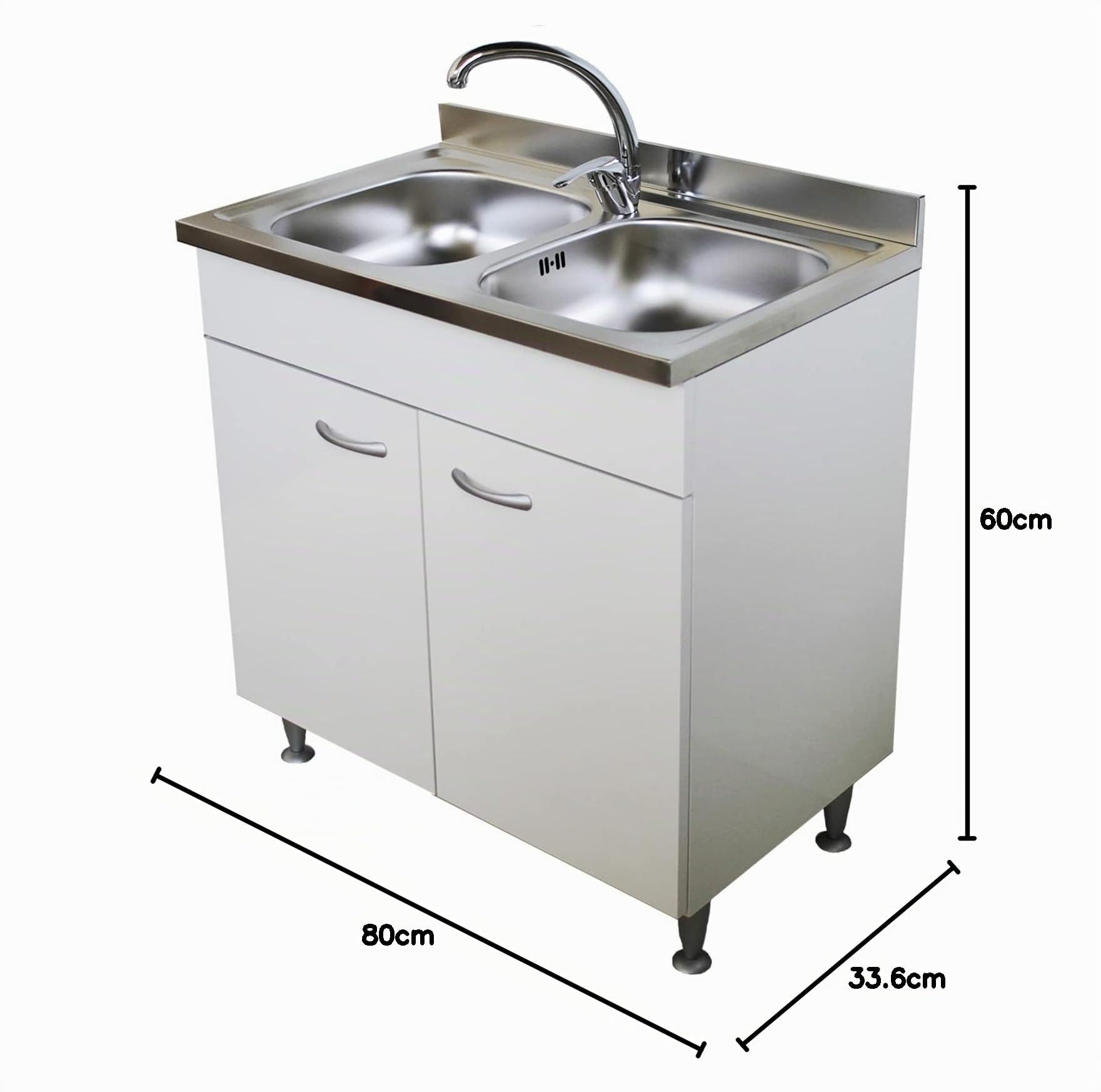 Mobile sottolavello bianco, 2 ante con lavello inox 80cm, 2 vasche e scolapiatti