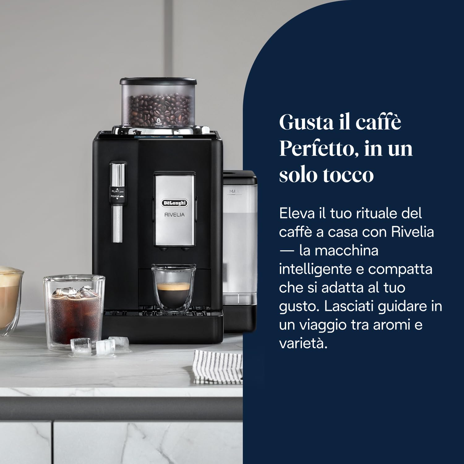 De’Longhi Rivelia – Perfetto Macchina da Caffè Automatica, Montalatte Classico, 8 Bevande in un Solo Tocco, Display Touch a Colori, Contenitori Chicchi di Caffè Intercambiabili, Nero (EXAM440.35.B) - 2
