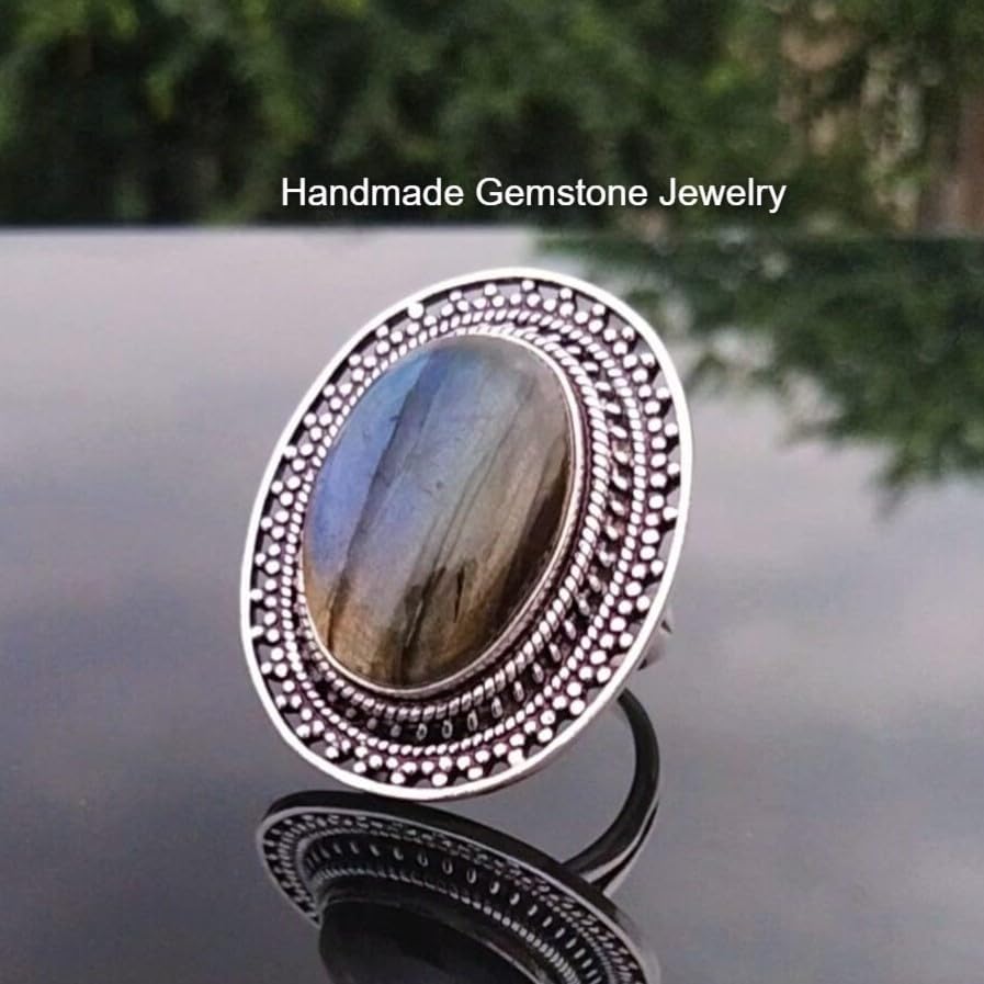 Natural Labradorite Ring Blue Flash Ring December Birthstone Ring Big Stone Ring Blue Fire Labradorite Gemstone Ring Party Wear Ring Boho Ring Statement Ring Christmas Gifts Ring
