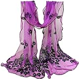 SANWOOD® Trendy Women Gauze Embroidered Peacock Veil Church Mantilla Scarf Shawl Wrap (Purple)