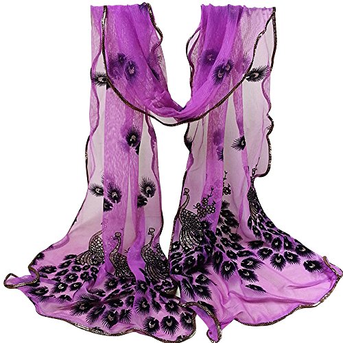 SANWOOD® Trendy Women Gauze Embroidered Peacock Veil Church Mantilla Scarf Shawl Wrap (Purple)