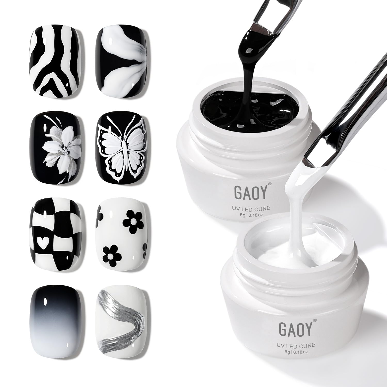 GAOY Black & White Painting Gel for Nail Art, Creamy Gel Polish, No Wipe