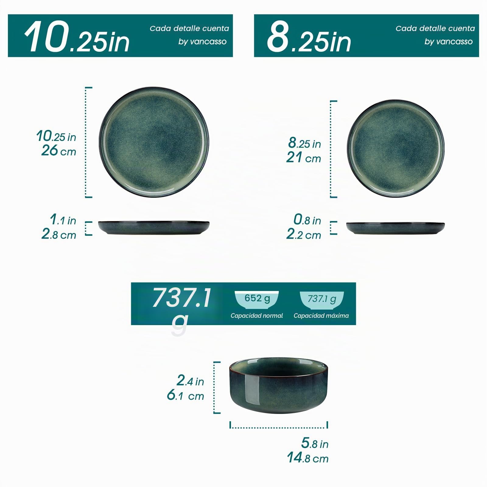 vancasso STARRY Juego de Vajillas Completas 4 Persone, Platos Vajilla 12 Piezas in Gres, con 4 Platos Llanos, 4 Platos de Postre y 4 Tazones de Cereales, Esmaltado Reactivo Verde