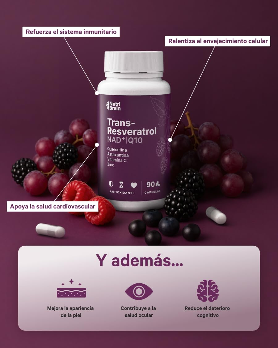 Resveratrol & NAD + Coenzima Q10, Zinc, Astaxantina y Vitamina C - 90 Cápsulas (3 Meses) - Potente Antioxidante, Antiedad, Bienestar Cognitivo, Energía e Inmunidad