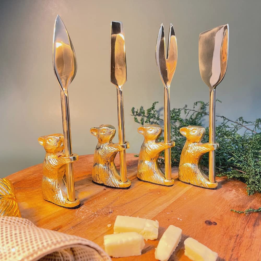 CasaGold Cheese Knife Set with Mouse Holders - Set of 4 I Cheese/Pizza/Pie Knives Cutting & Serving Set I Heart Knife, Chisel Knife, Serving Fork, Soft Cheese Knife