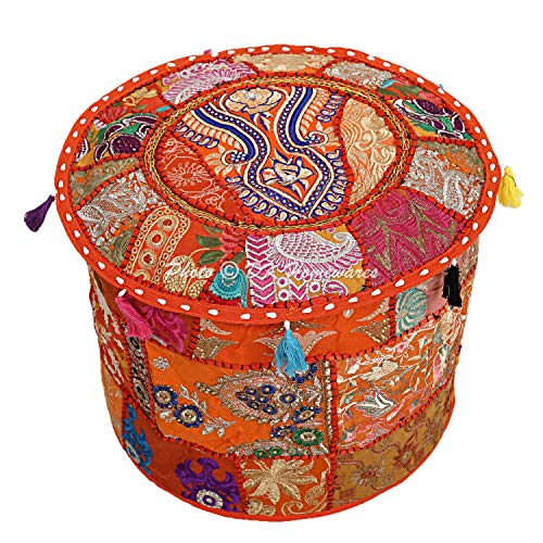 DK Homewares Indian Vintage Patchwork Pouf Ottoman Cover Orange Round Foot Stool Decorative Tuffet Cotton Embroidered Pouffee Floor Pillow Case Floral Traditional 16x16x13 - COVER ONLY