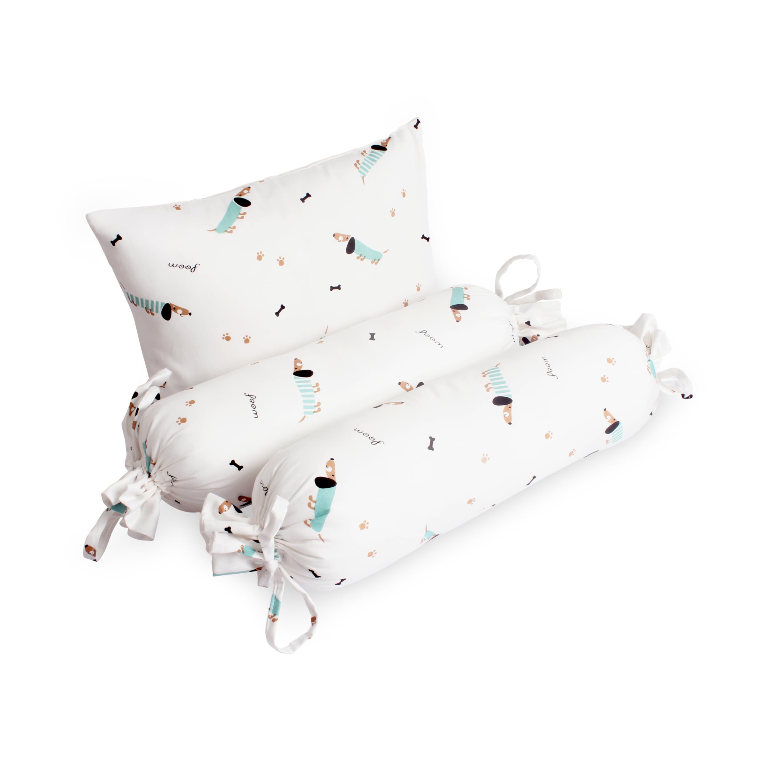 The White Cradle Cot Pillow + 2 Bolsters Set with Fillers - Organic Cotton Fabric, Softest Fiber Filling, Protective Comfort - Blue Poodle