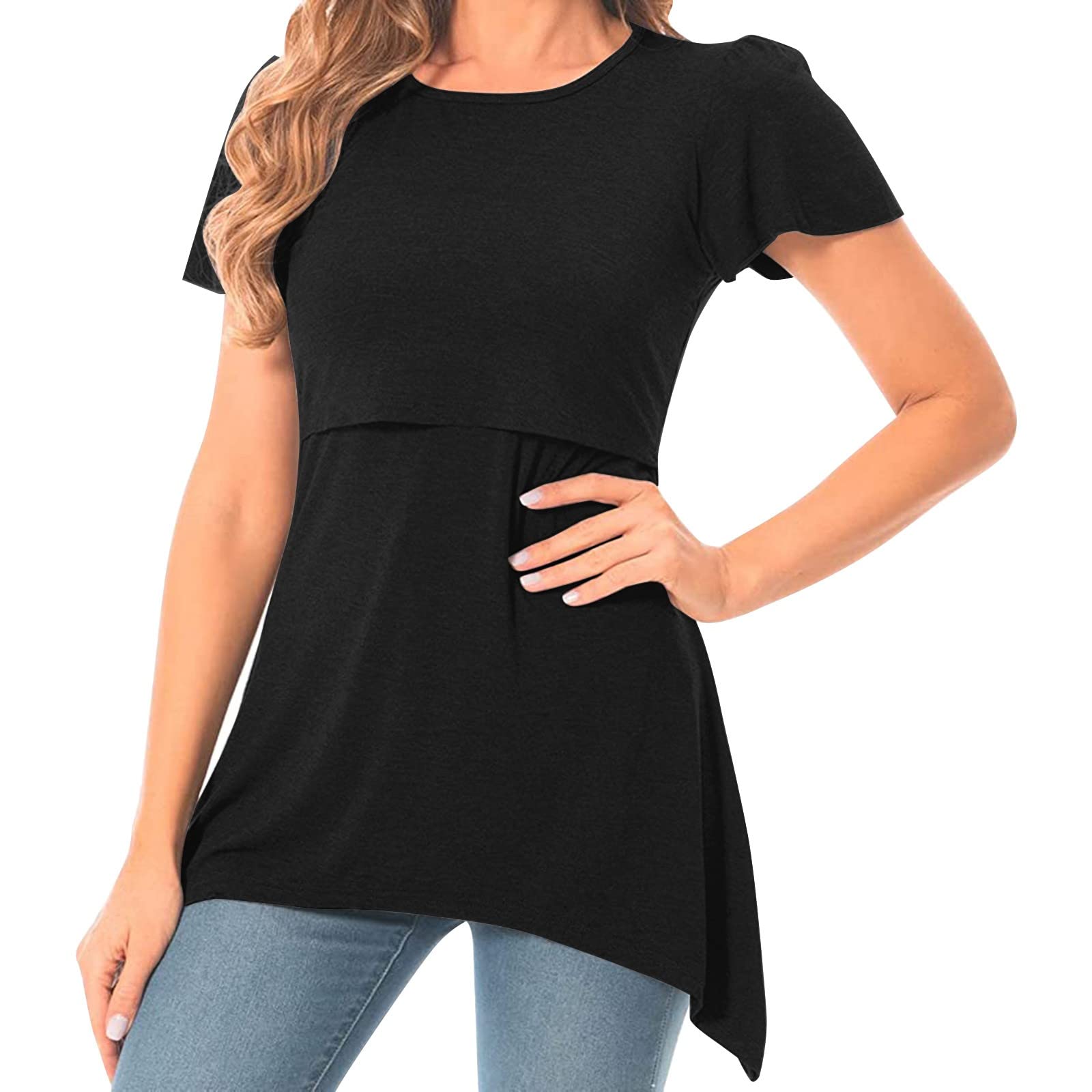 Donkey T-shirt de maternité à ourlet irrégulier pour femme - T-shirt décontracté à manches courtes et col rond - T-shirt d'allaitement basique, b-noir, XXL
