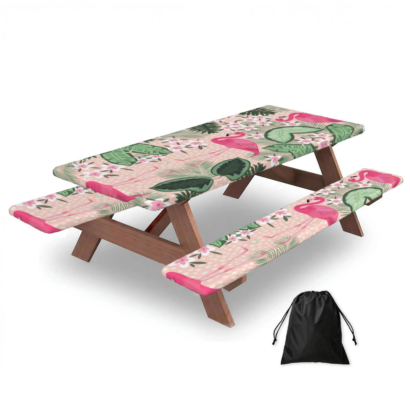 Duwaa Black Flamingo Print 183Cm Picnic Table Cover With Bench Covers, Waterproof Elastic Tablecloth Set For Outdoor