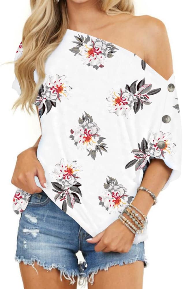 INFITTY Womens Off Shoulder Tops Casual Summer Loose Button Down Short Sleeve Shirt Tunic Blouse