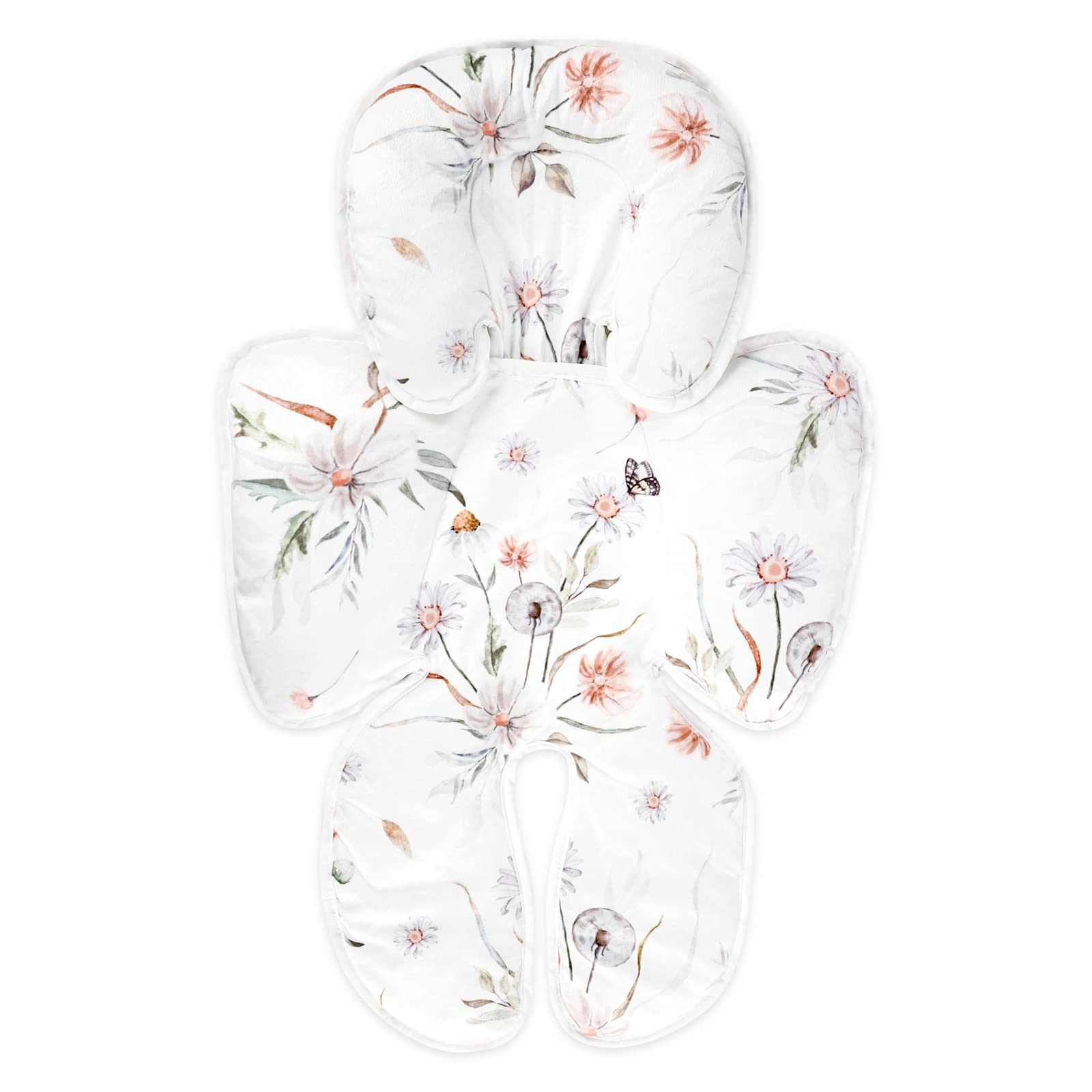 Infant Car Seat Insert, 2 in 1 Baby Car Seat Head Body Support Cushion Pillow, Reversible & Adjustable Baby Headrest for Stroller, Swing, White Floral