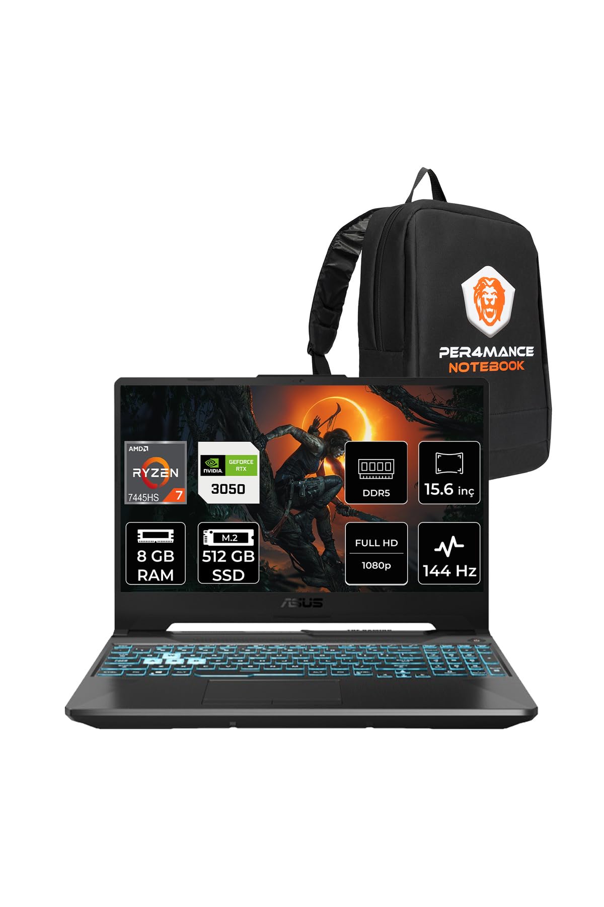 Asus Tuf A15 R7-7445Hs 8Gb 512Gb Ssd Rtx3050/4Gb 144Hz Fhd 15.6" Fdos Gaming Laptop & Per4 Çanta