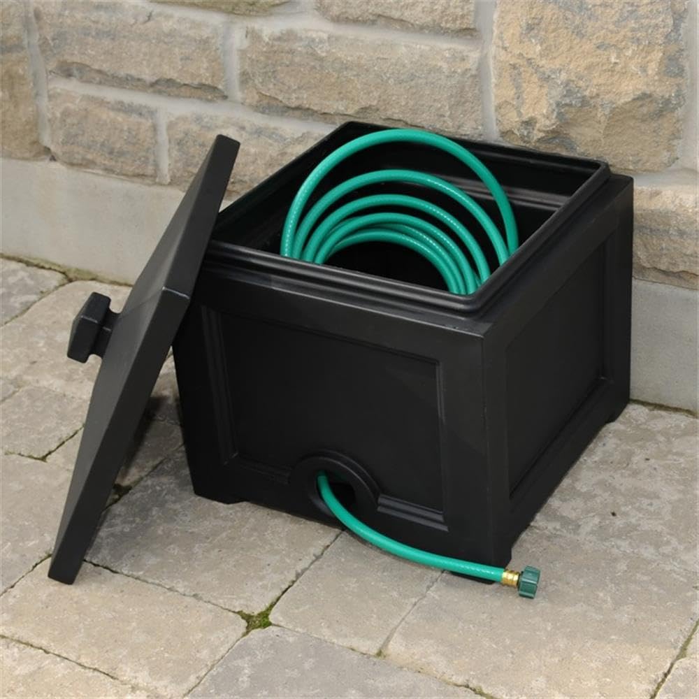 Pemberly Row Traditional Plastic Garden Hose Bin in Black Finish
