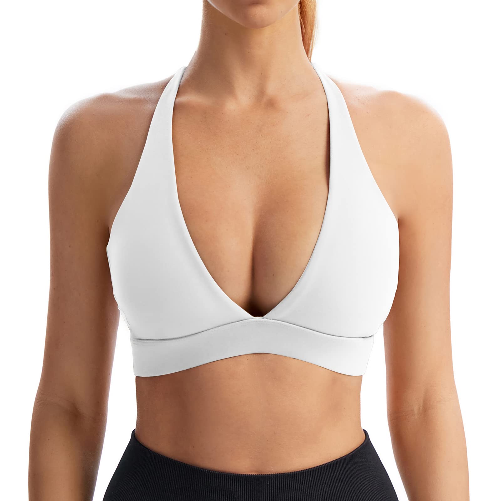 INIBUD Sports Bra for Women Push Up Strappy Workout Top Padded Deep V-Neck Triangle Bralettes with Support Gym