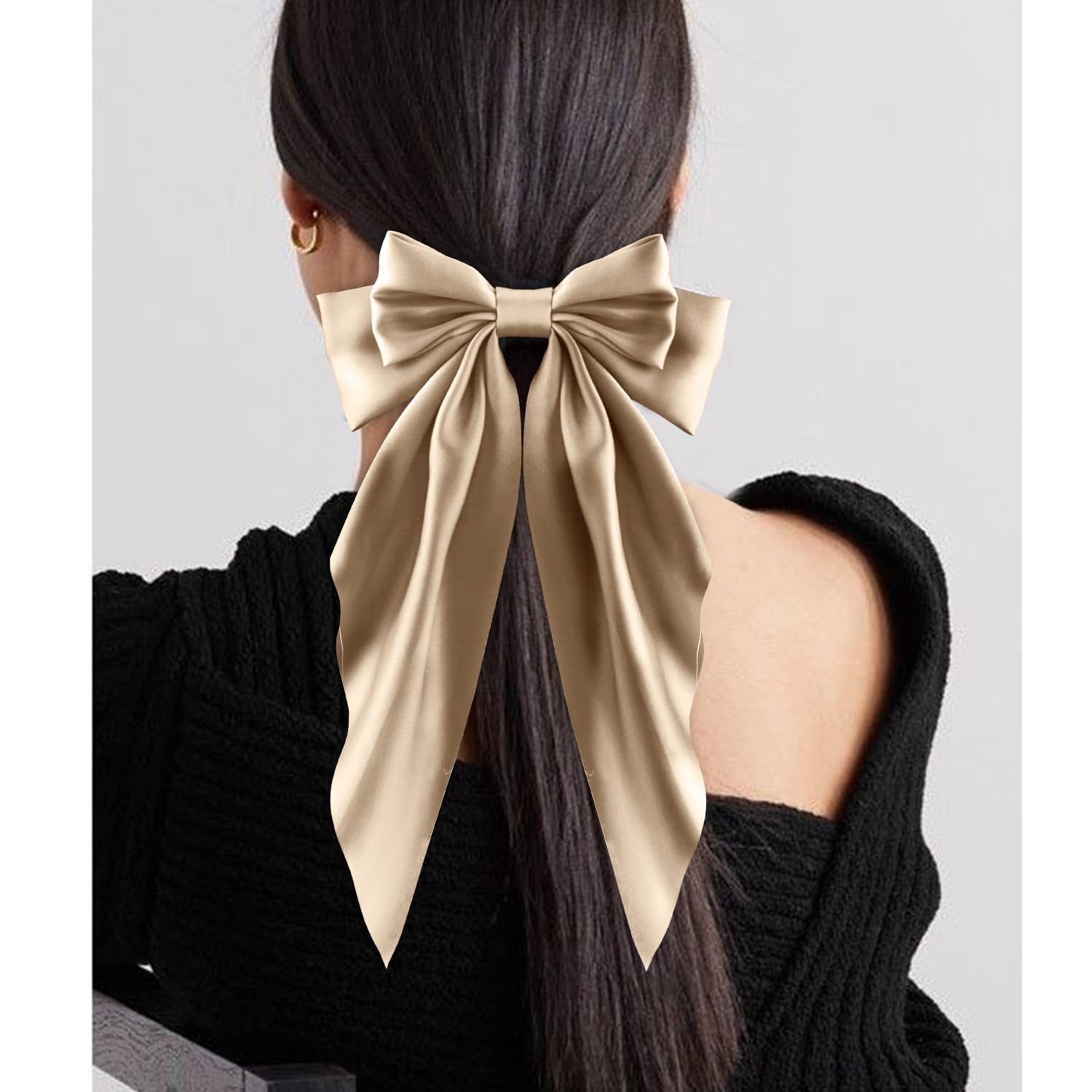 ATODEN Lazos para el cabello para mujer, lazo de satén sedoso, 4 cintas para el cabello de gran tamaño, lazos de cola larga, clips de metal para el cabello, accesorios para el cabello para niñas,