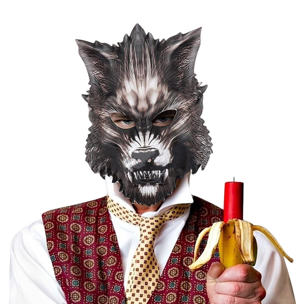 Halloween Horror Wolf Mask Cosplay Scary Full Face Mask for Men Boys Women Festival Fancy Dress Prank Trick Awful Adults Cosplay Props Toys Novelty Plastic Head Mask Headwear (Black) - Image 2