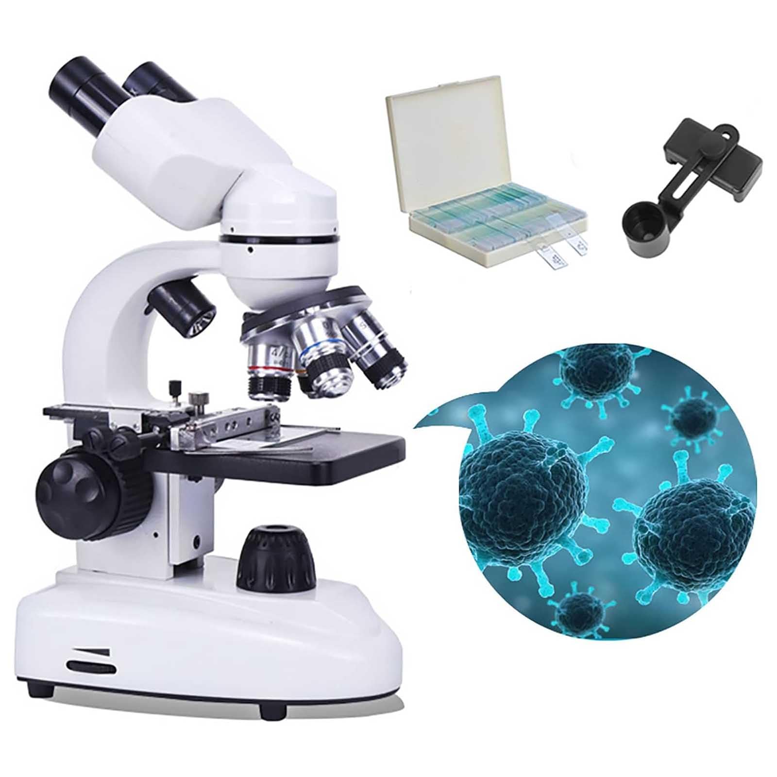 Microscopio Biologico Binoculare - Microscopio Professionale per Ricerca con Doppia Illuminazione A LED, Microscopio Ottico HD con 10 Campioni - Ottimo per Studenti E Adulti, 50000x